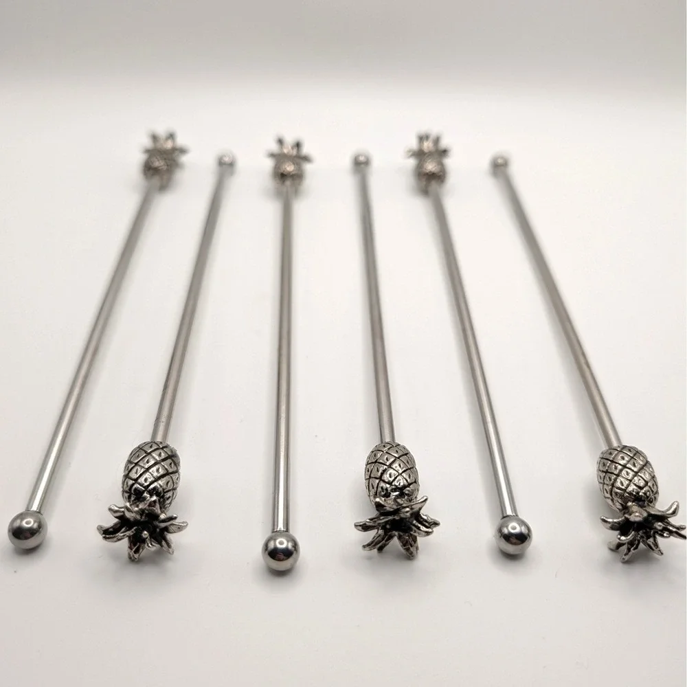 Pineapple Cocktail Stirrers Silver Tone Tiki Metal Swizzle Sticks Set of 6